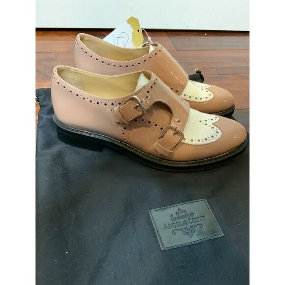 The Office of Angela Scott Beige Patent Leather Wingtip  The Office of Angela Scott Beige Patent Leather Wingtip Shoes, Size 7.5 | 37.5